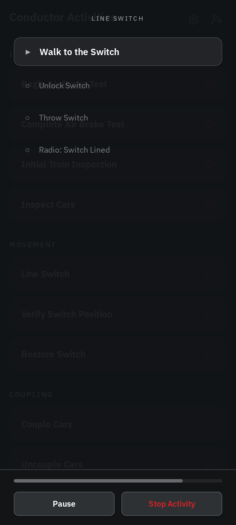 An Activity running: current step highlighted, completed steps ticked, progress bar at the bottom