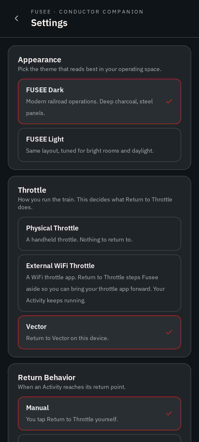 Settings with Vector selected and the Return Behavior section showing