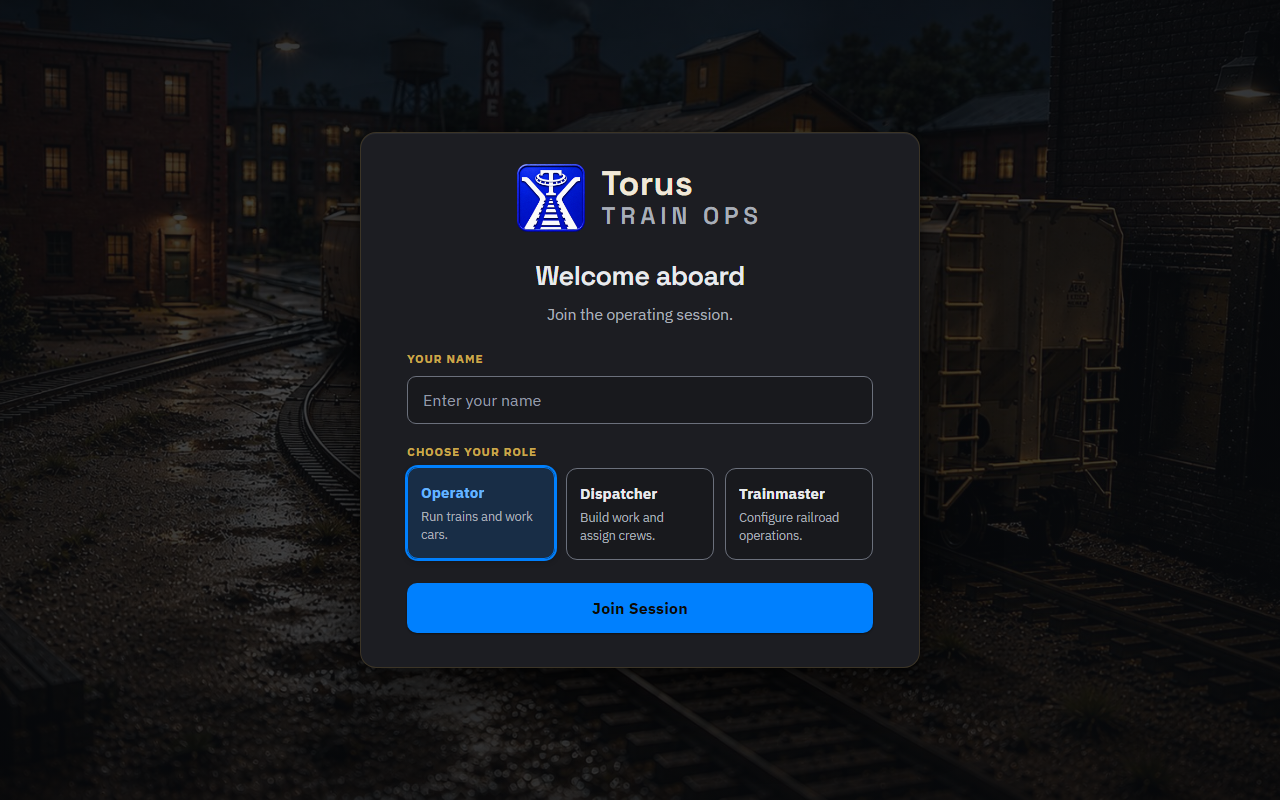 The sign-in screen: a name field and three role cards — Operator, Dispatcher, Trainmaster — above a Join Session button