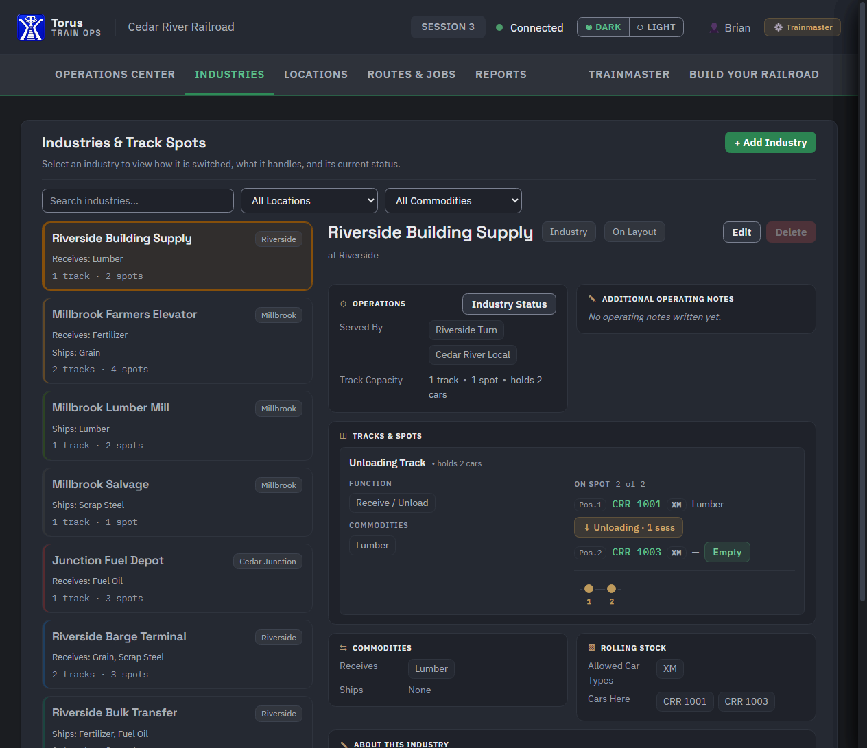 The Industries page with Riverside Building Supply selected: Edit and Delete in its header, an Industry Status button on the Operations card, and the Unloading Track's two spots with CRR 1001 unloading and CRR 1003 on them