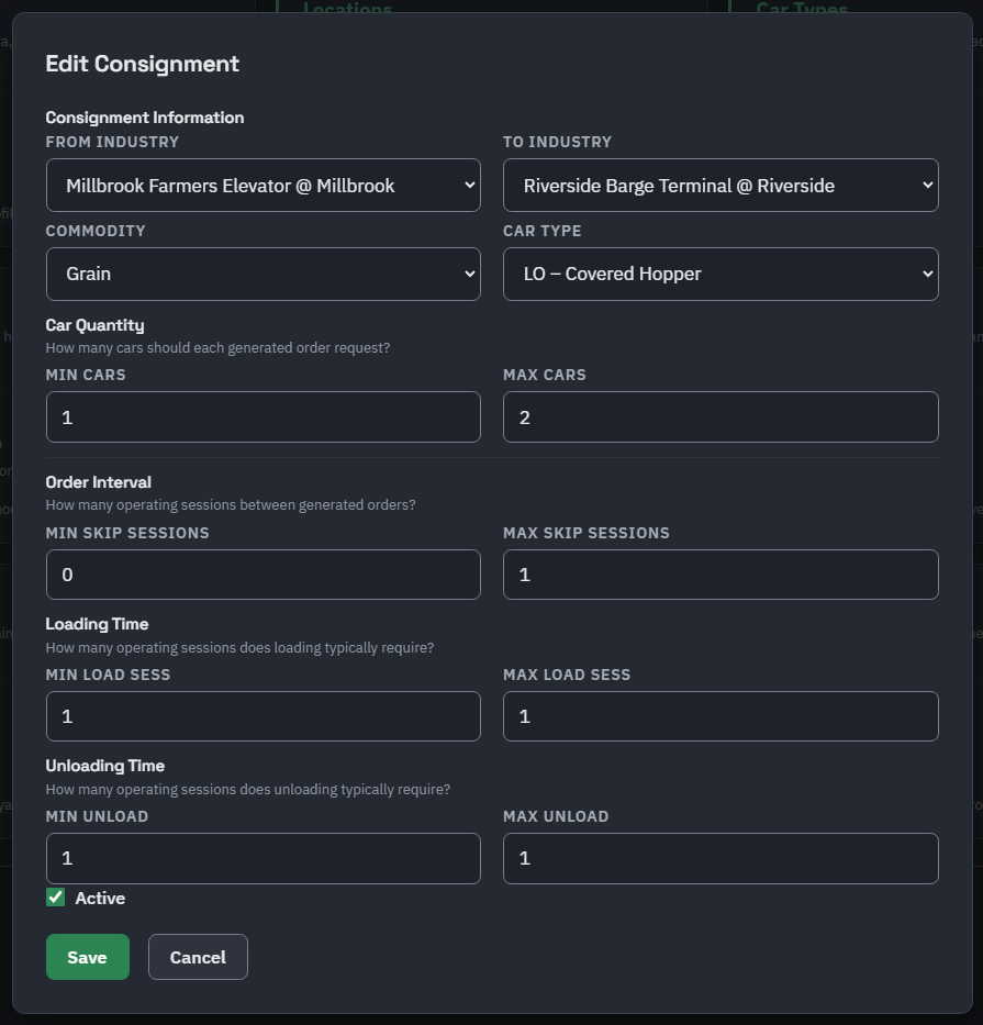 The Edit Consignment form: Millbrook Farmers Elevator to Riverside Barge Terminal, Grain, LO covered hopper, min and max cars, skip sessions, and loading sessions