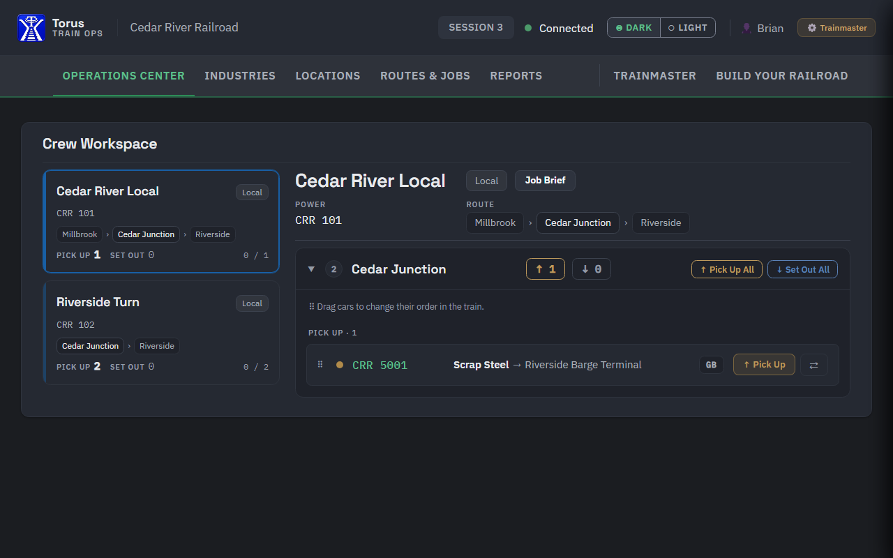 The Crew Workspace with the Cedar River Local selected: its route and power, and the Cedar Junction stop with one pickup and a Pick Up button