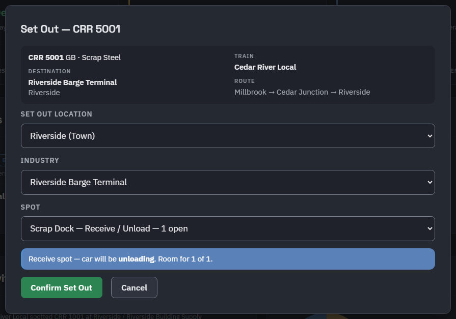 The Set Out dialog: Set Out Location, Industry and Spot, with Scrap Dock chosen and a note that the car will be unloading with room for one of one