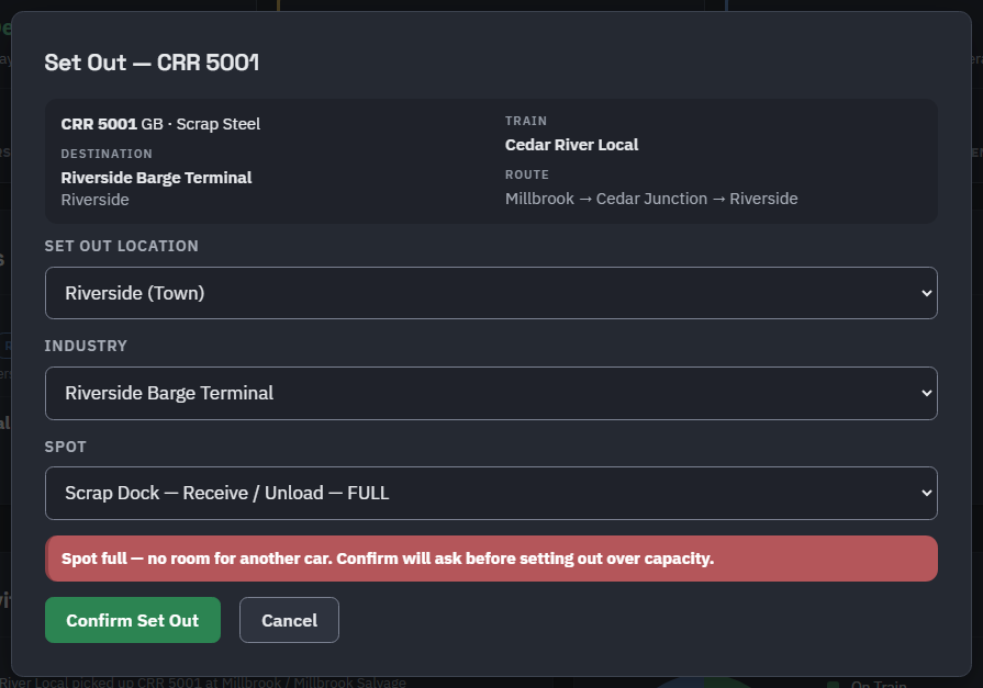 The Set Out dialog on a full spot: the spot reads FULL, a note says there is no room for another car and that Confirm will ask before setting out over capacity, and Confirm Set Out is available