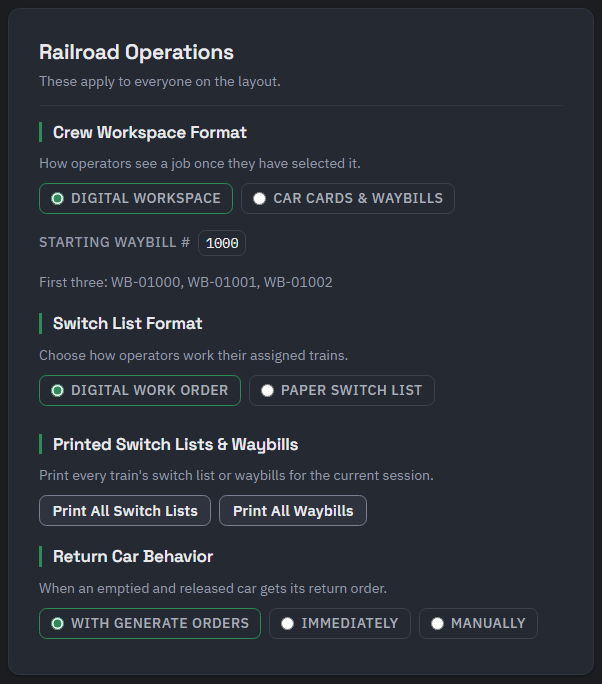 The Railroad Operations card: Crew Workspace Format, Switch List Format, Printed Switch Lists and Waybills with Print All Switch Lists and Print All Waybills, and Return Car Behavior