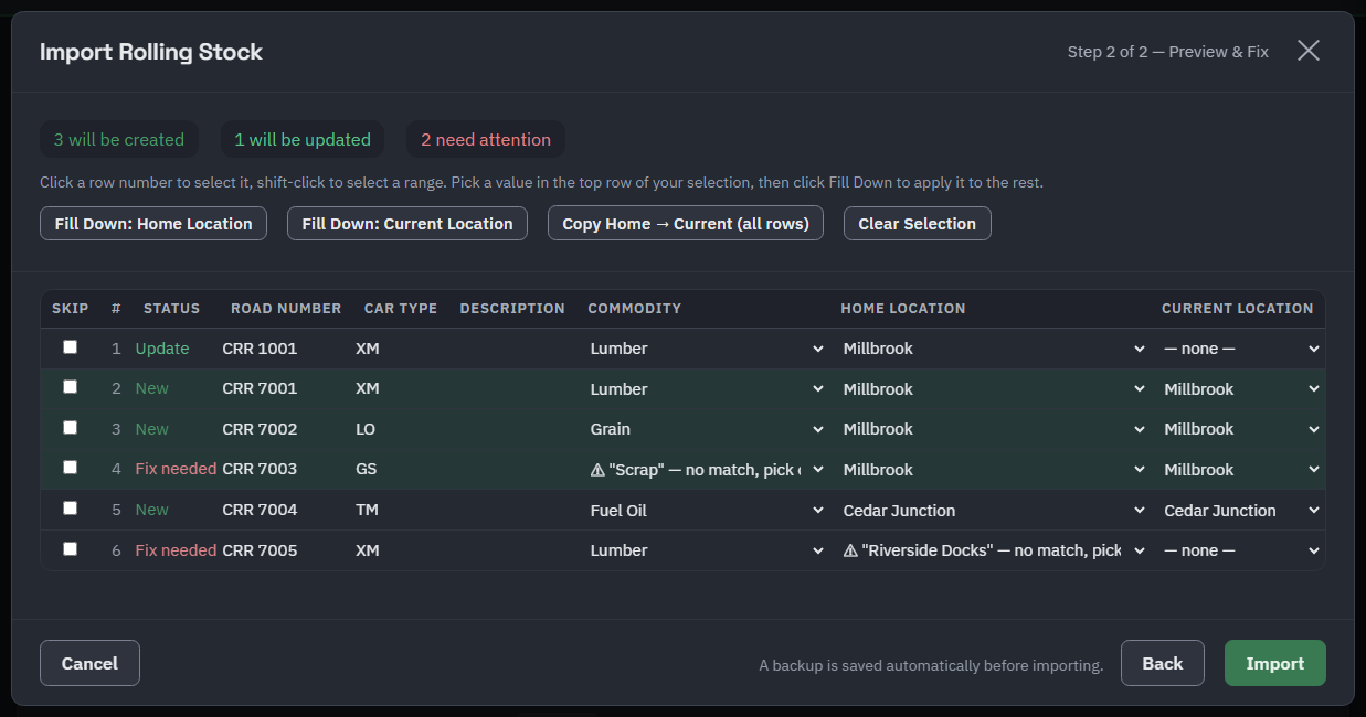 The import preview with rows 2 to 4 highlighted as a selection and Fill Down buttons for Home Location and Current Location above