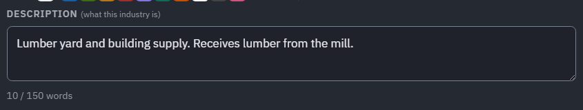 The Description box in the industry editor, with a live word count reading 10 of 150 words beneath it