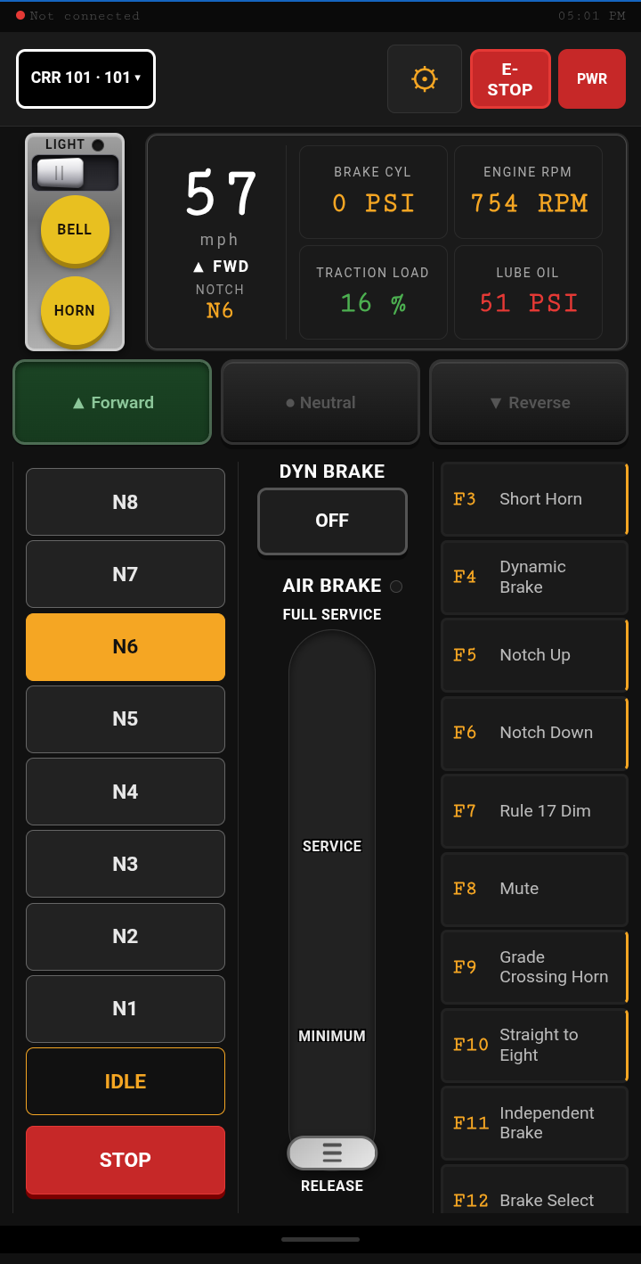 Figure 17.2 — Running in notch 6: 57 mph, RPM up, traction load settled.