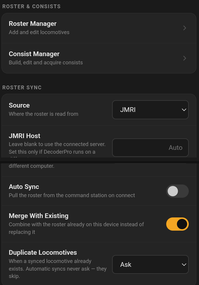 Figure 25.3 — Setup: Roster & Consists, Roster Sync.